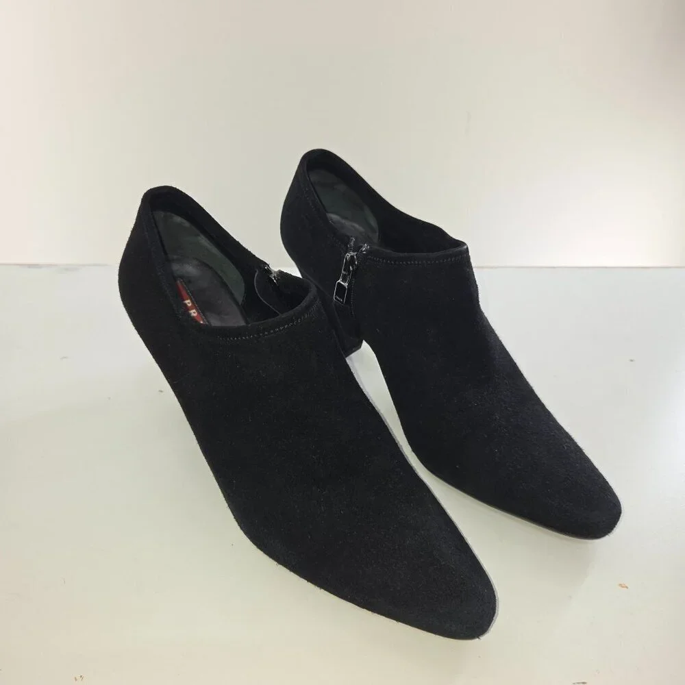 Prada Women's Ankle Bootie Suede Side Zip Cone Heel Black Size 8.5